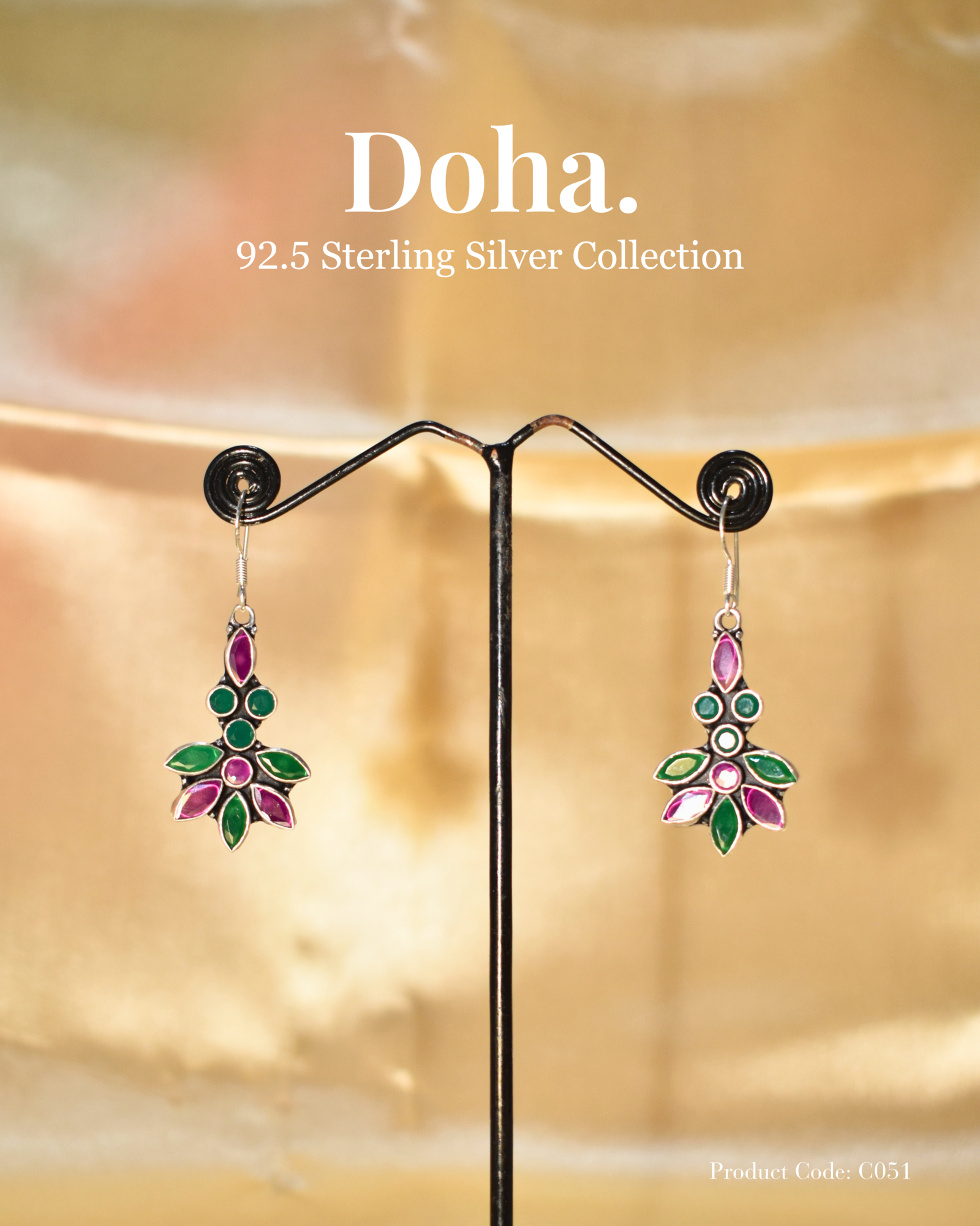 Ruby & Emerald Navratna Floral Hook Earrings