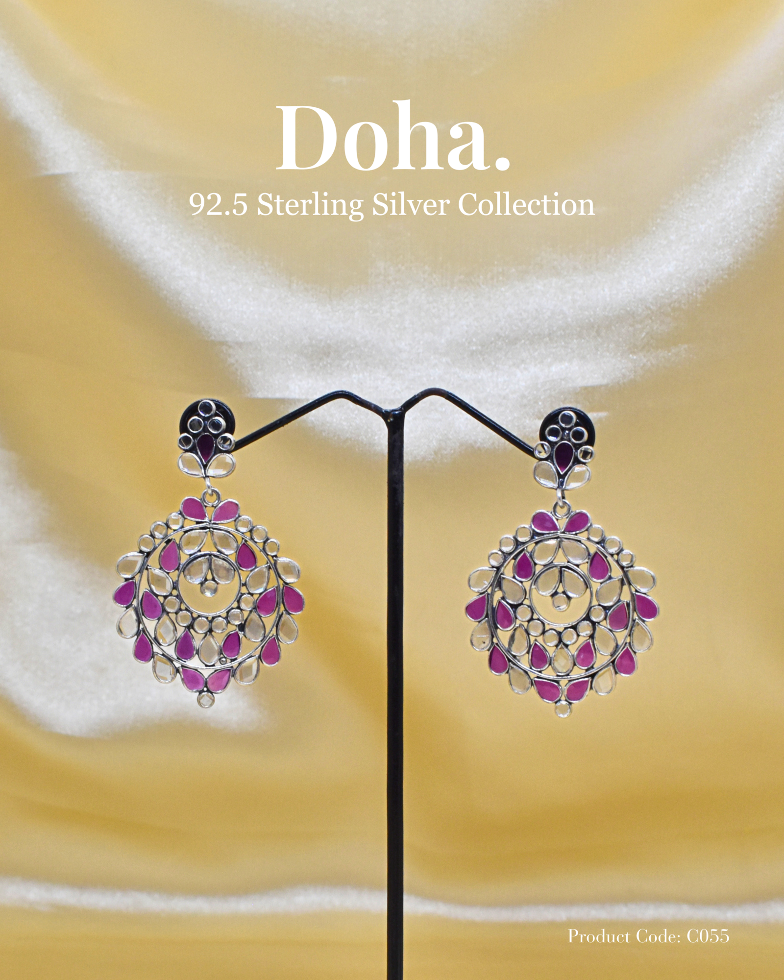 Fuchsia Crystal Filigree Chandbali Earrings