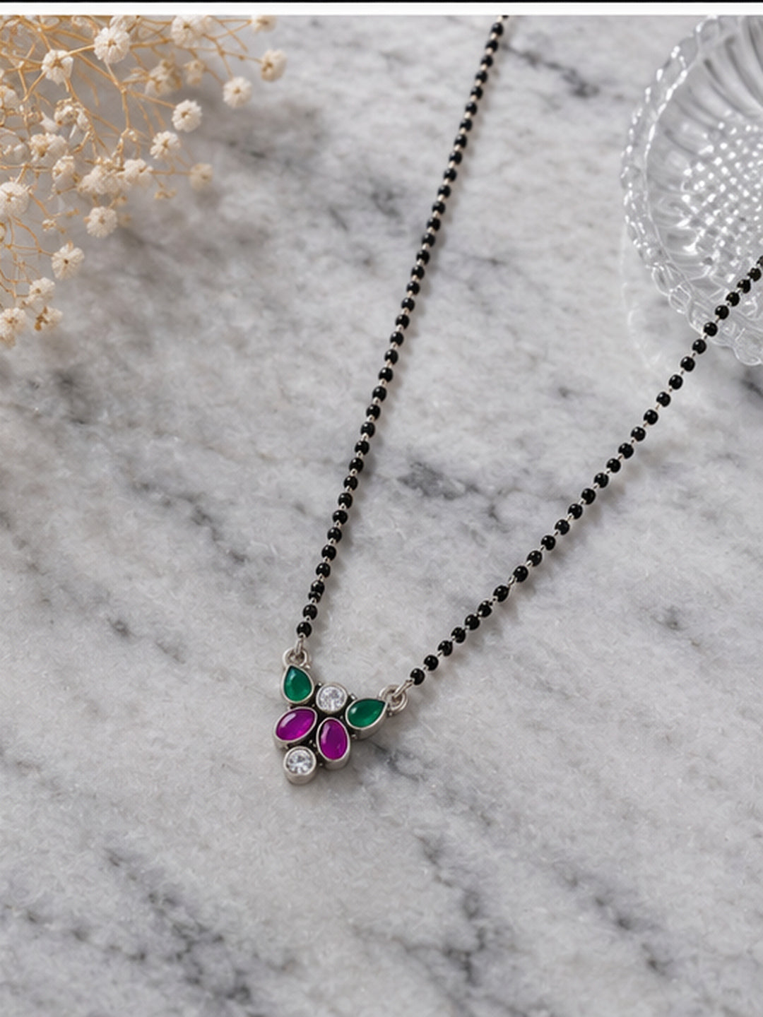 Jaipur Cut Stone Floral Mangalsutra in 92.5 Sterling Silver