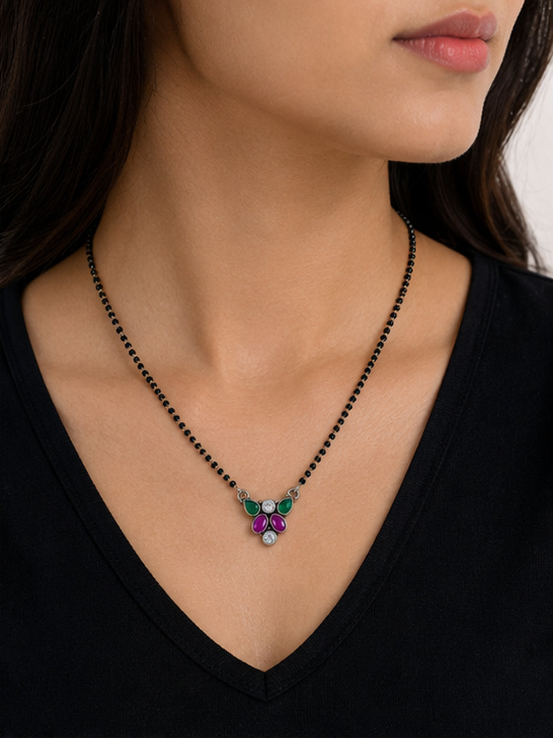 Jaipur Cut Stone Floral Mangalsutra in 92.5 Sterling Silver