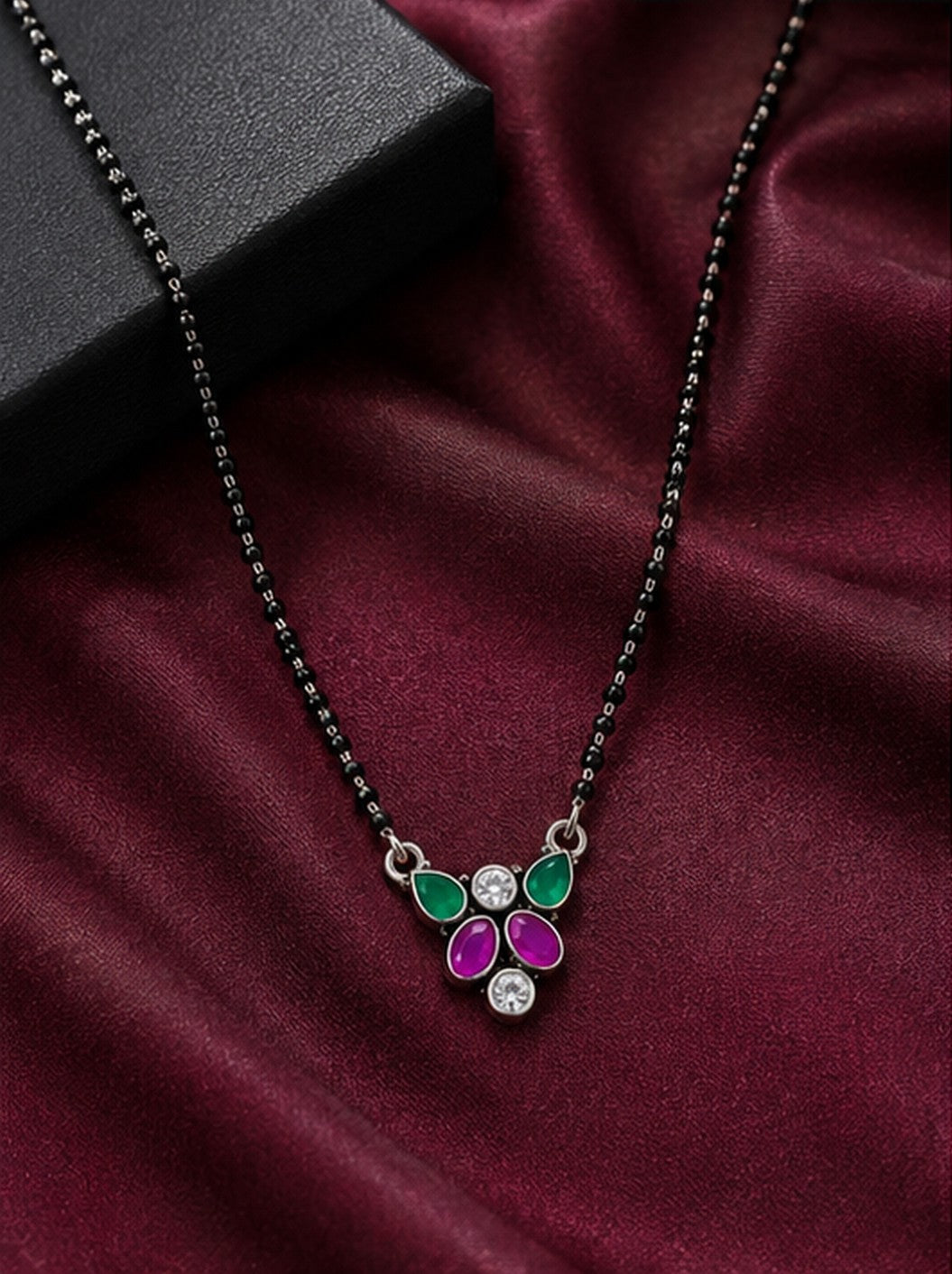 Jaipur Cut Stone Floral Mangalsutra in 92.5 Sterling Silver