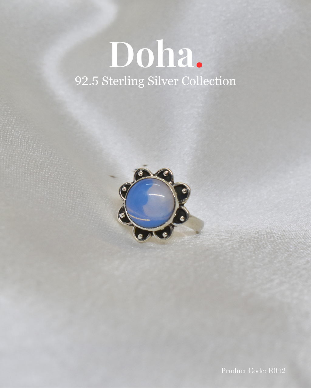 Silver Floral Ring with Blue Chalcedony