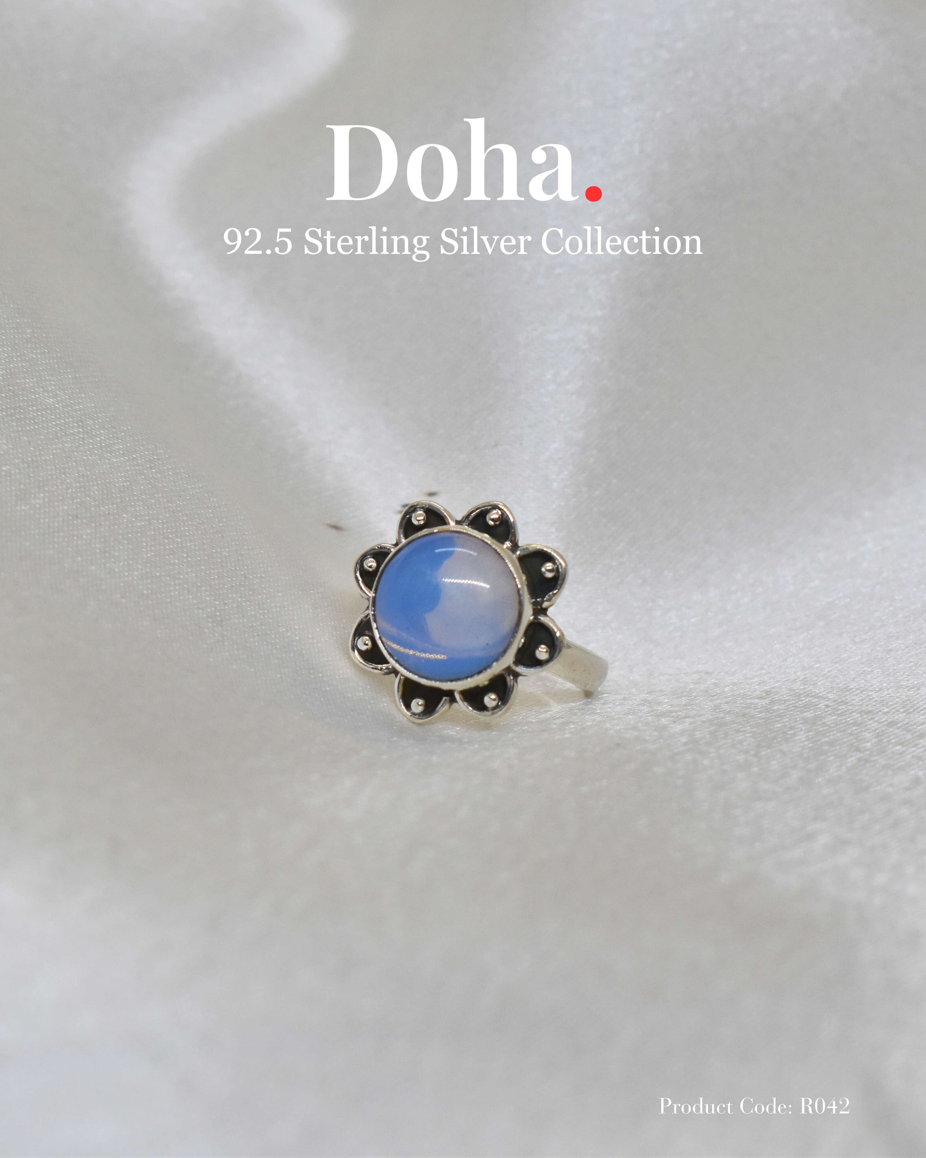Silver Floral Ring with Blue Chalcedony