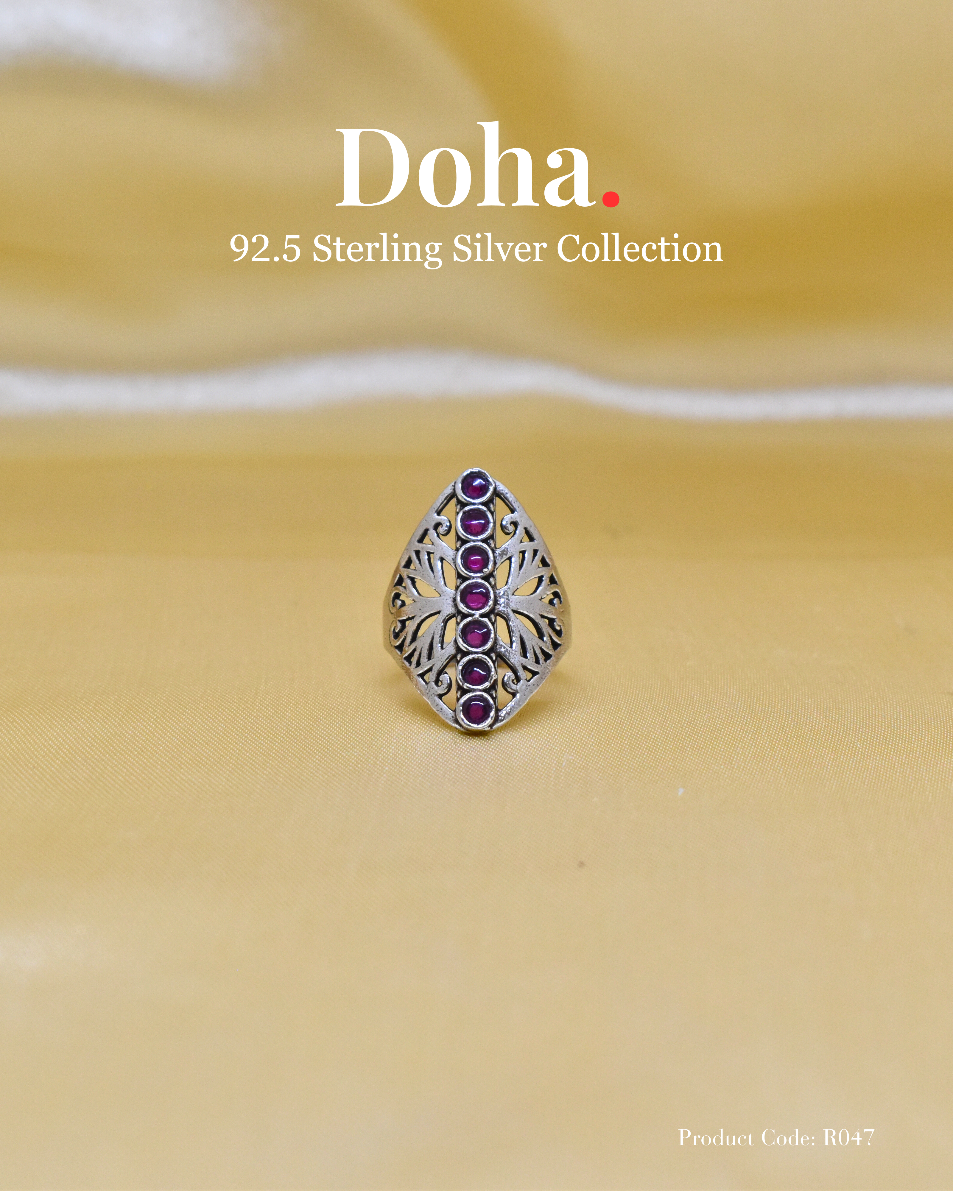 Silver Marquise Ring with Ruby Red Stones