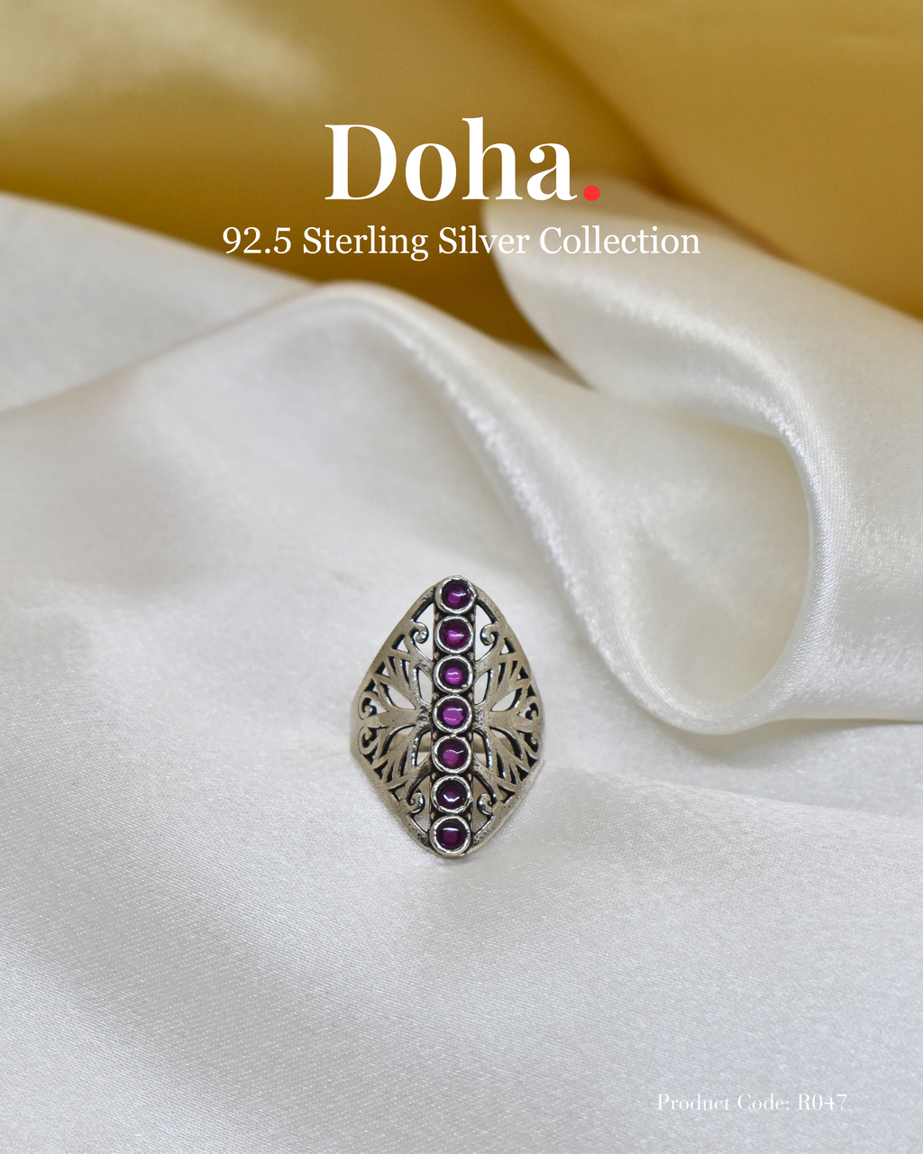 Silver Marquise Ring with Ruby Red Stones