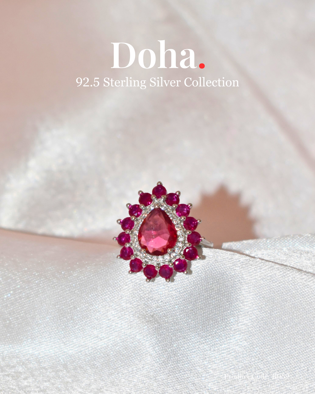 Ruby Pear Halo Sterling Silver Ring
