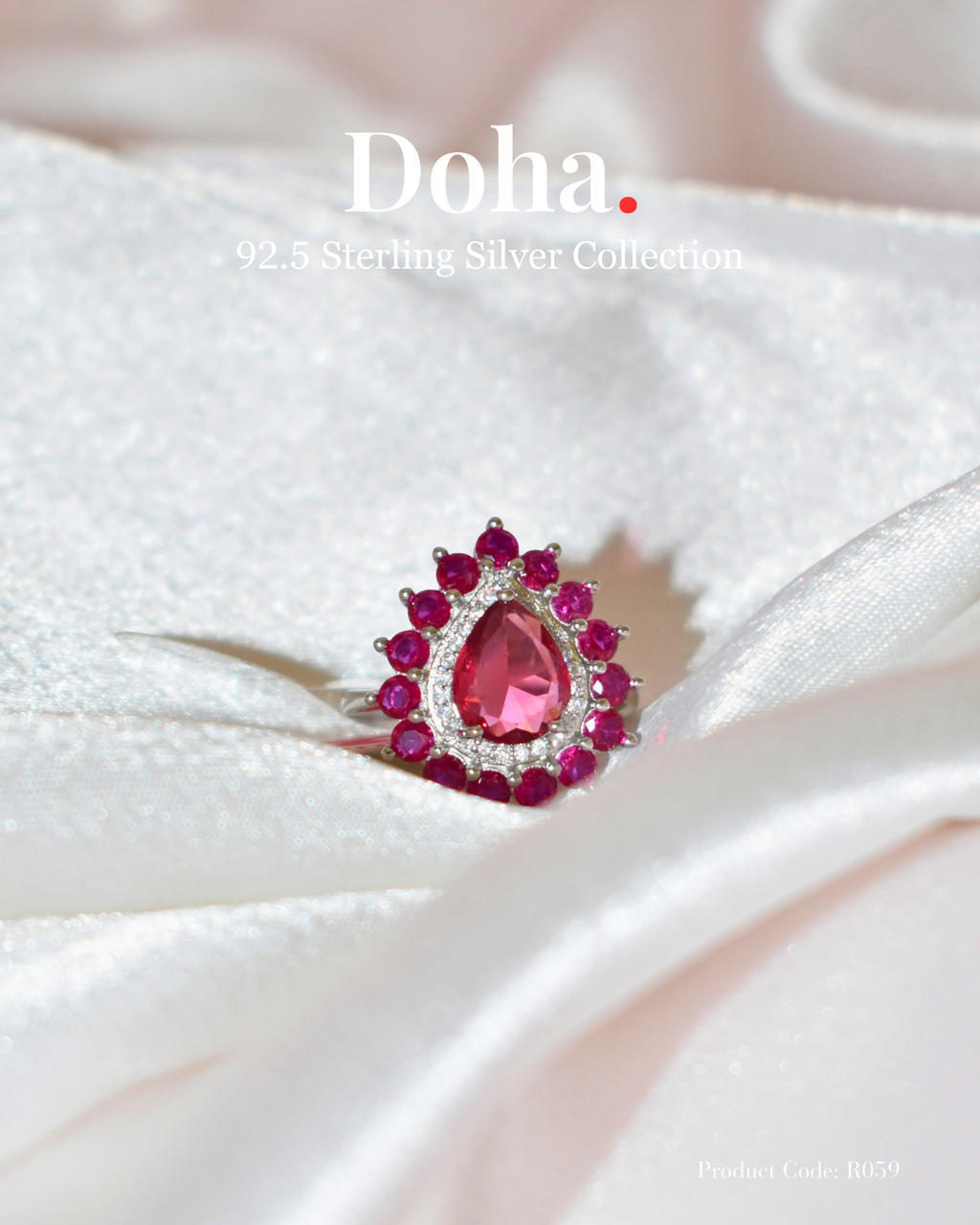 Ruby Pear Halo Sterling Silver Ring
