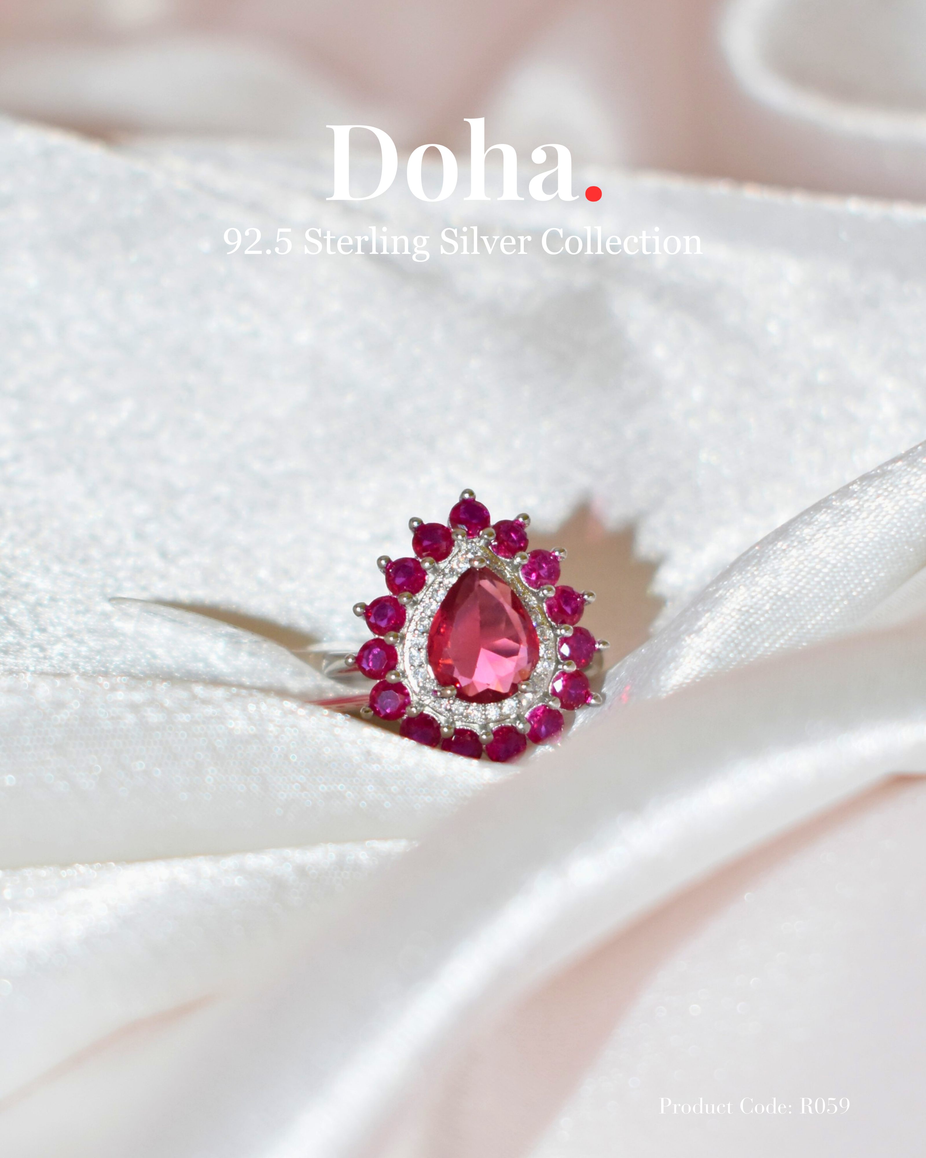 Ruby Pear Halo Sterling Silver Ring
