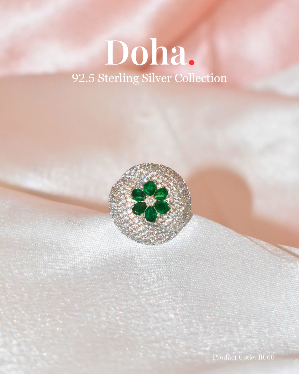 Emerald Flower Pavé Dome Sterling Silver Ring