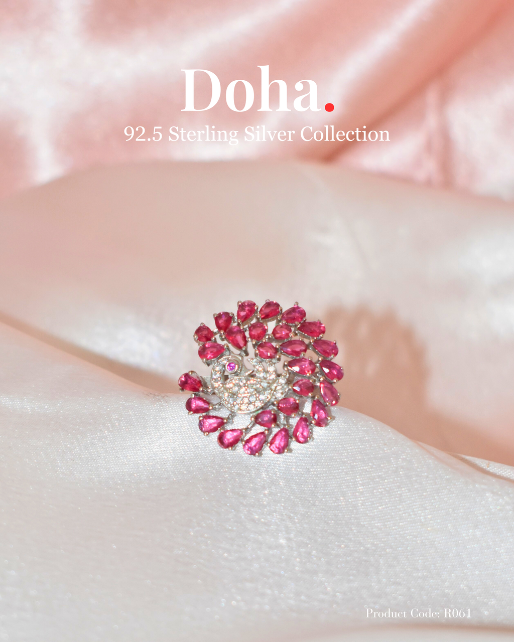 Ruby Peacock Pear Cluster Sterling Silver Ring