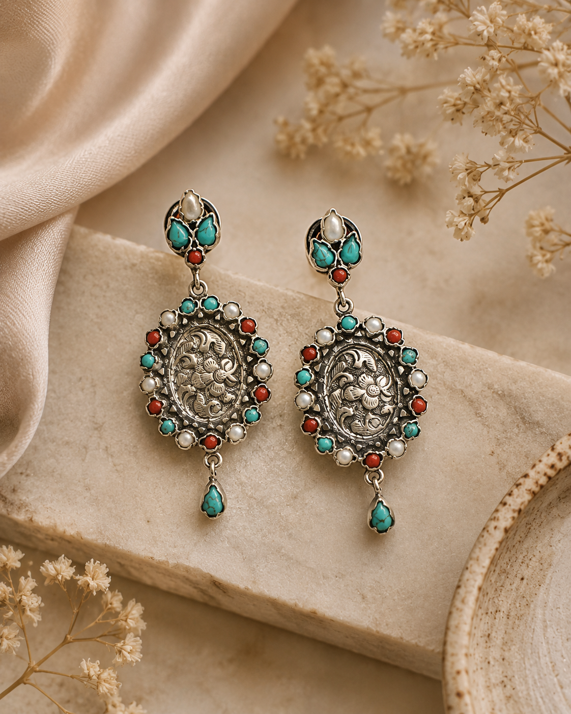 Tibetan Medallion Drop Earrings – Turquoise, Coral & Pearl